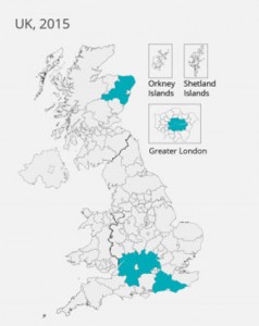 Map of UK showing top 5 regions for internet use