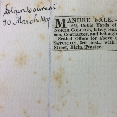 Cutting from Elgin Courant Newspaper - 1909 - Manure Sale in Elgin, Moray