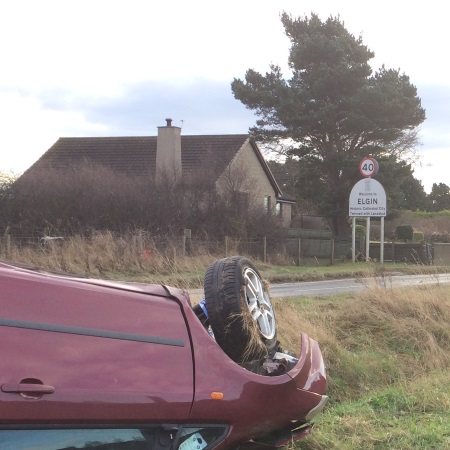 Upside Down Car at Northern Outskirts of Elgin, Moray