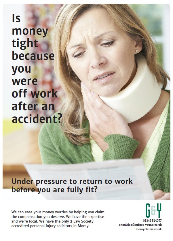 Woman with neck in a brace collar looking with concern at a bill