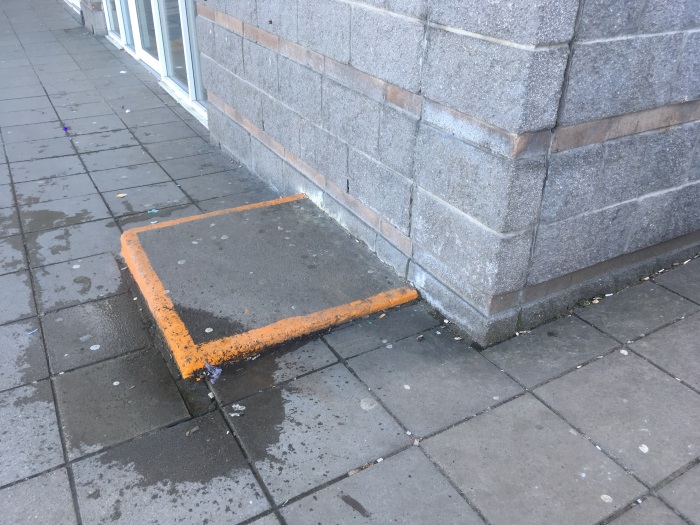 Raised area at Elgin Bus Station, Moray, marked with orange edges
