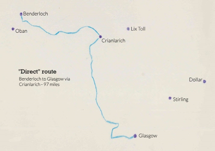 Map showing Benderloch, Argyll, to Glasgow via Crianlarich - direct
