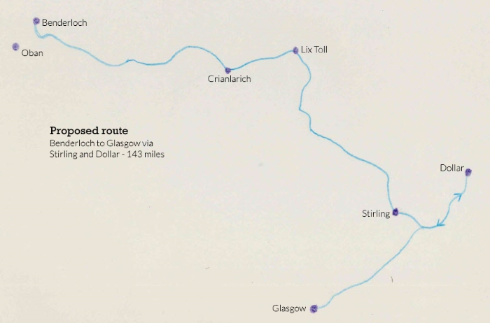 Map showing Benderloch, Argyll, to Glasgow via Dollar - detour