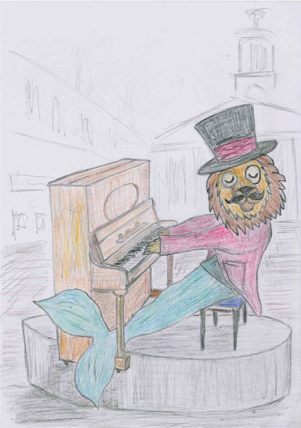 Dandy Lion plays the piano at Elgin Plainstones, Moray