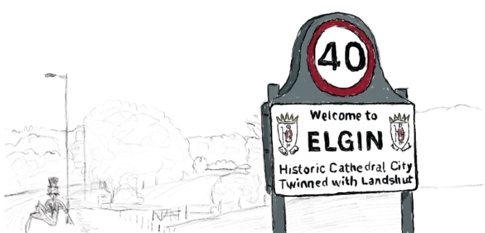 Road sign at the western entrance to Elgin, Moray, on the A96