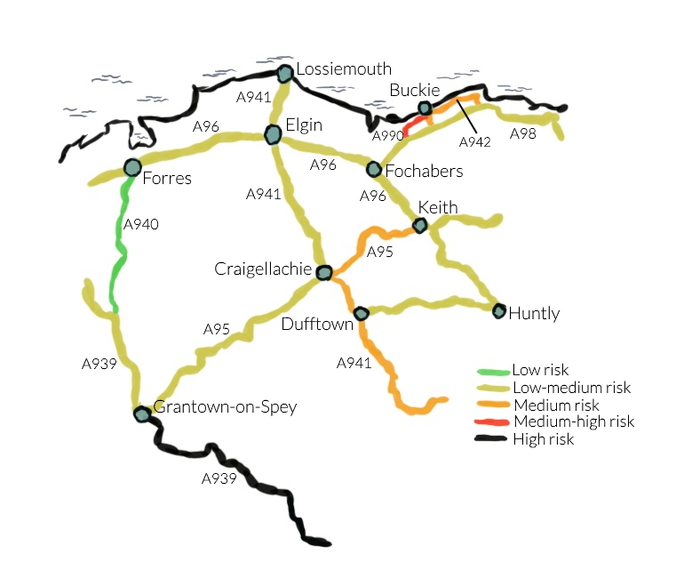 Map showing risk rating of Moray's 'A' roads - 2017